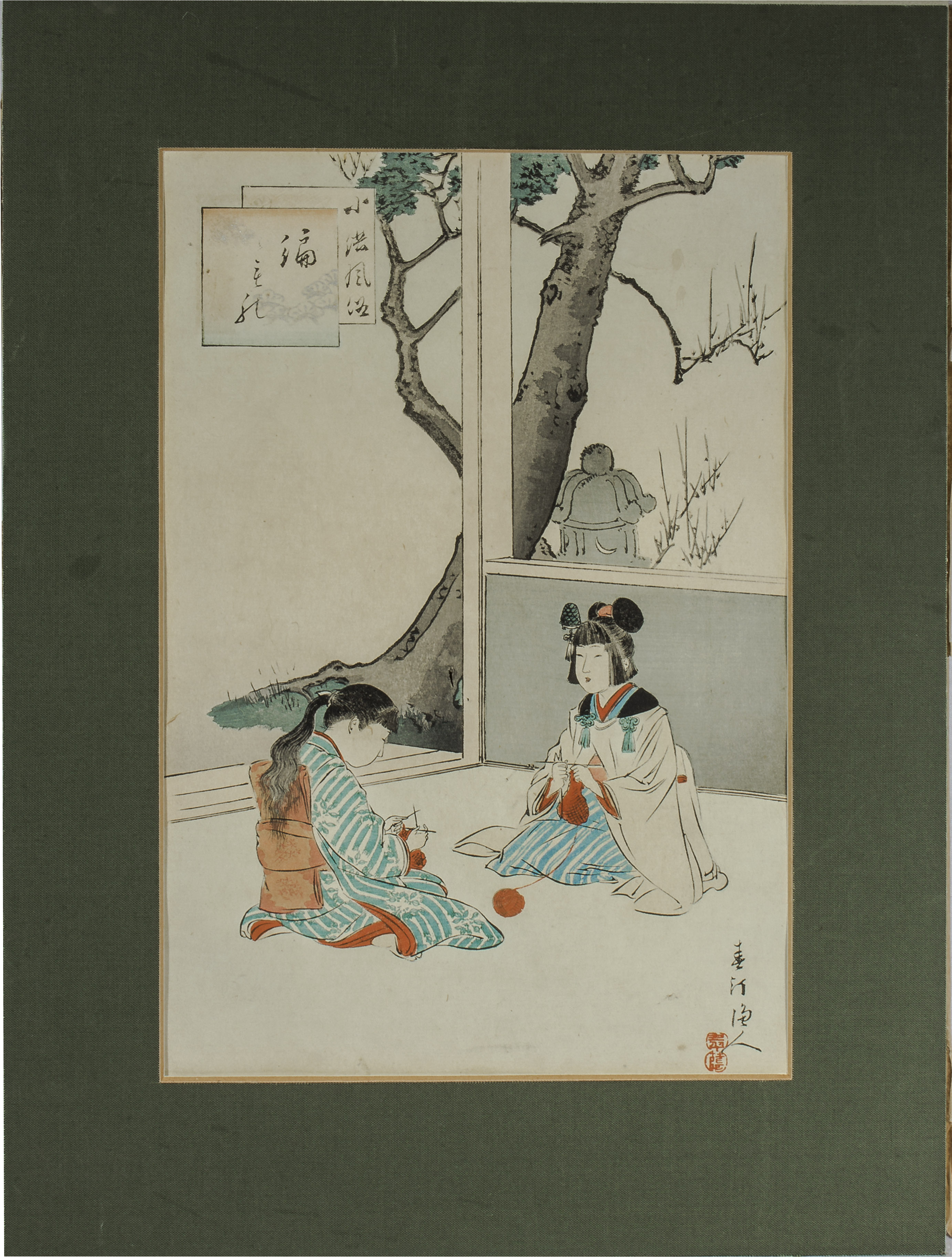 A Japanese coloured wood block print of two girls sewing seated on the floor, signed
