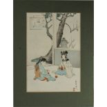 A Japanese coloured wood block print of two girls sewing seated on the floor, signed