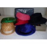 A vintage handbag, shoes and six hats