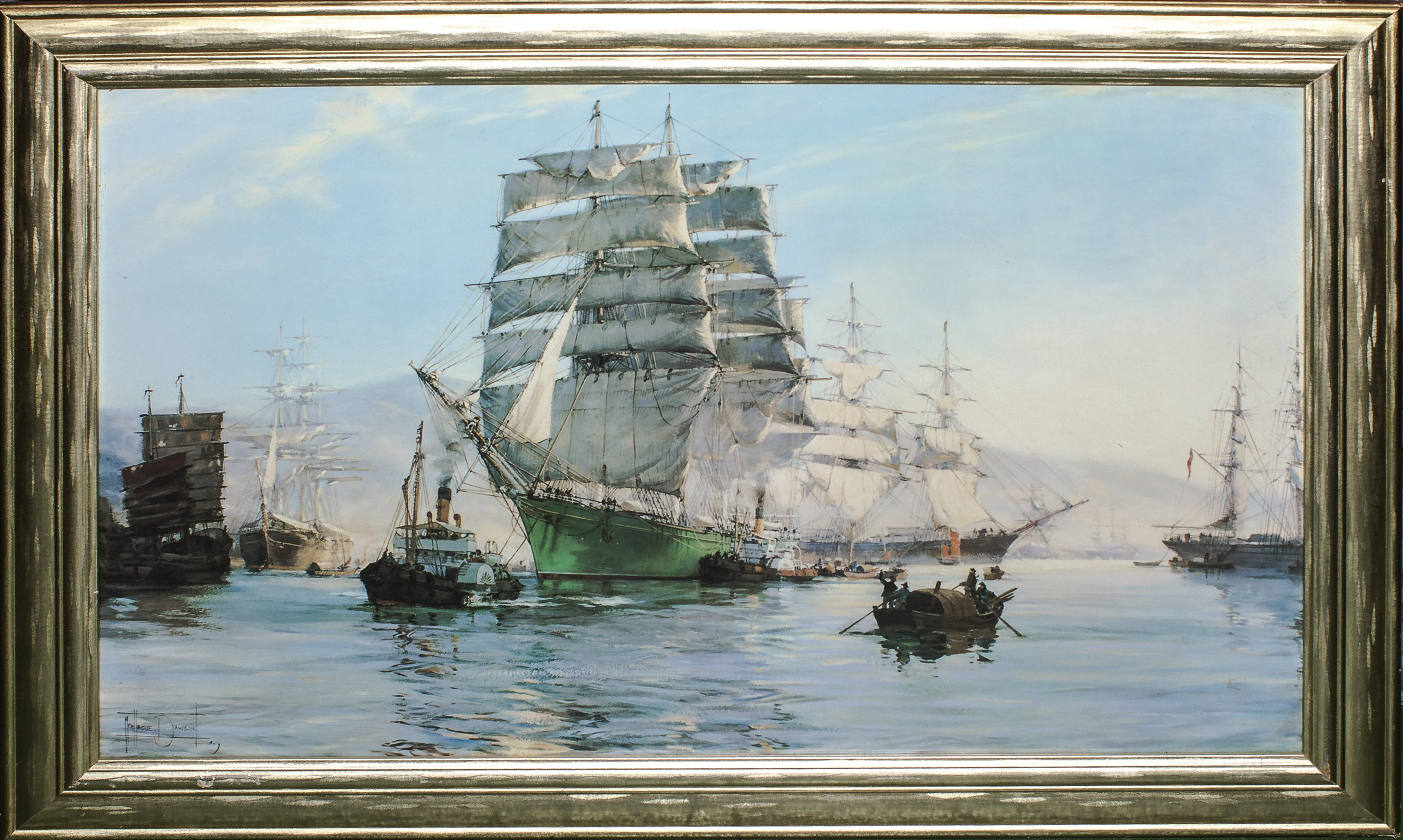 A framed print of a nautical scene