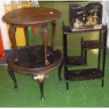 An Oriental style whatnot, letter rack and two tea tables, one lacquered