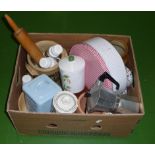 A box of assorted kitchen items