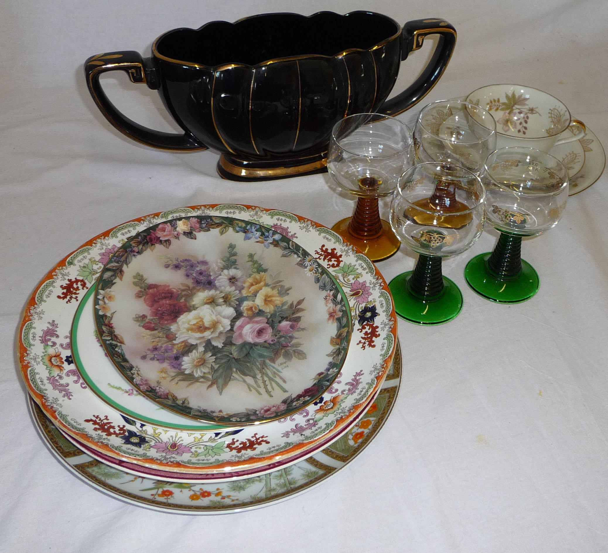 Decorative plates, vase, china trio and four sundae glasses