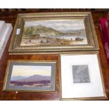 A gilt framed oleograph 18cm x 34cm, small framed watercolour 8cm x 7cm and a watercolour of a