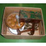 A box containing metalware and a wooden box