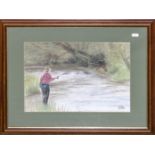 A framed pastel of a fisherman, signed