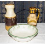 Two West German pottery vases and a bowl