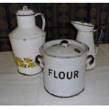 A French enamel water container, jug and flour storage bin