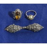 Two marcasite rings and a brooch