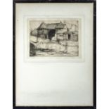 A framed etching signed Rudge. Size 16.5cm x 21.5cm