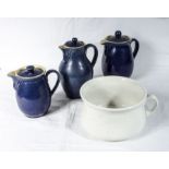 Three Denby hot water jugs and a small chamber pot