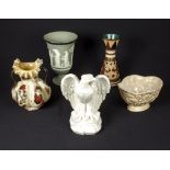 Four vases, Wedgwood, Deruta, Sylvac and a crimped edge glass vase together with an eagle