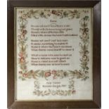 A framed sampler entitled Home, Jane Cocker Mosside Forgue 1889, 46cm x 36cm