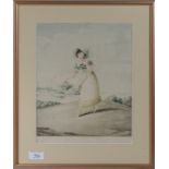 A framed hand coloured print label verso 'Madam Vickers' by Adam Buck proof 1895. size 32cm x 24cm