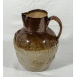 A large Vauxhall salt glazed stoneware documentary quart ale jug, moulded to the front with an image