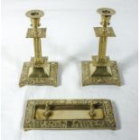 A Victorian brass part desk set