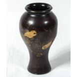 An oriental lacquer vase depicting Japanese fighting fish, 16cm high