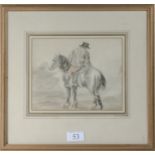 After Morland, a pencil drawing depicting a man on horseback. Size 16.5cm x 20cm