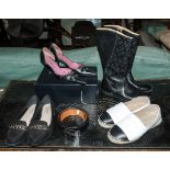 Three pairs of lady's shoes, a pair of lady's boots and a Hermes style belt