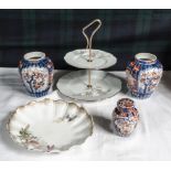 Limoge cake stand, three Imari vases and a bowl