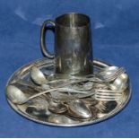 A silver plate tray, tankard and cutlery