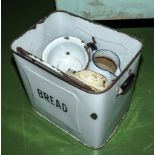 An enamel bread bin and other enamel items