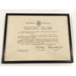Southern Railway 1926 General Strike Certificate of Thanks. A good scarce example bearing green