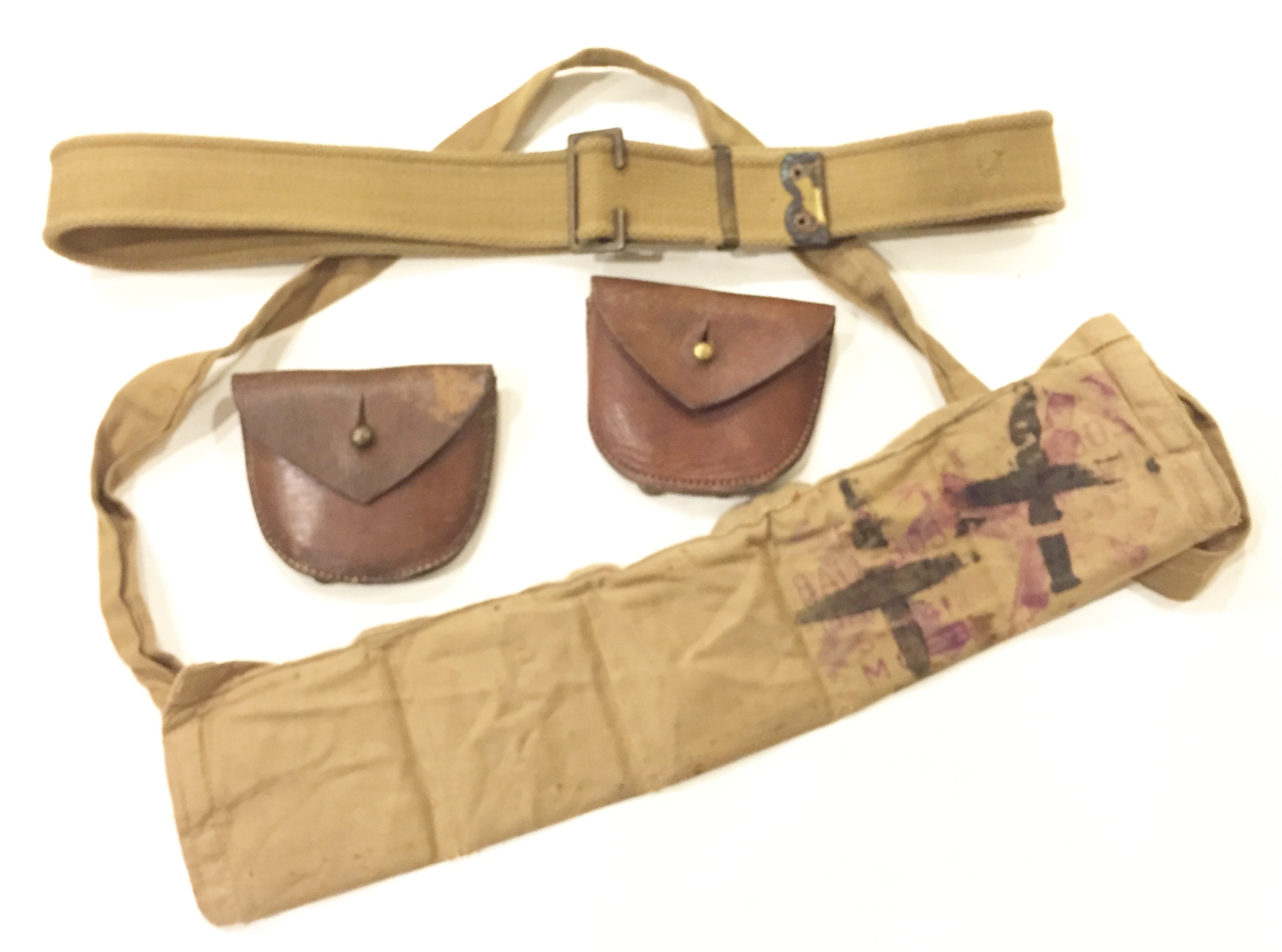 Selection of WW1 British Army Issue Equipment. Comprising: Additional cloth ammunition bandolier