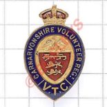 Welsh. Carnarvonshire Volunteer Regt VTC WWI lapel badge Brass and red enamel. Thomas Fattorini,
