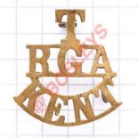 T / RGA / KENT brass Royal Garrison Artillery shoulder title circa 1908-20. Loops Defended Port