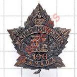 Canadian 196th Bn. CEF bronze WW1 cap badge. Die-stamped. Double blades