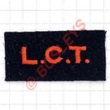 Landing Craft Tanks scarce WW2 cloth designation / formation sign. Red embroidered L.C.T. on navy