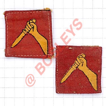 2 x 19th Indian Division WW2 cloth formation sign. Yellow arm clutching dagger printed on red