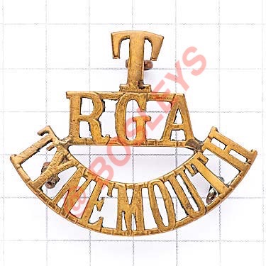 T / RGA / TYNEMOUTH brass Royal Garrison Artillery shoulder title circa 1908-20. Loops Defended Port