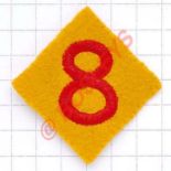 8th Bn. Manchester Regiment cloth formation sign. Red 8 embroidered on yellow felt diamond.