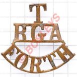 T / RGA / FORTH brass Royal Garrison Artillery shoulder title circa 1908-20. Two of three loops