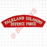 FALKLAND ISLANDS / DEFENCE FORCE cloth title. White serif letters embroidered on red. Falkland