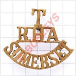 T / RHA / SOMERSET scarce brass Royal Horse Artillery shoulder title circa 1908-20. A good excavated