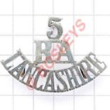 5 / RA / LANCASHIRE pre 1908 Artillery Volunteers white metal shoulder title. (Westlake 660) Loops