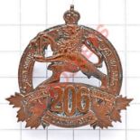 Canadian 206th Bn. CEF bronze WW1 cap badge. Die-stamped. Loops