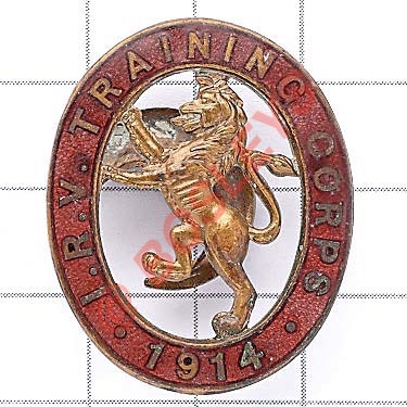 I.R.V. Training Corps 1914 WW1 VTC mufti badge Rampant lion within red enamel title oval. JR Gaunt &