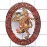 I.R.V. Training Corps 1914 WW1 VTC mufti badge Rampant lion within red enamel title oval. JR Gaunt &
