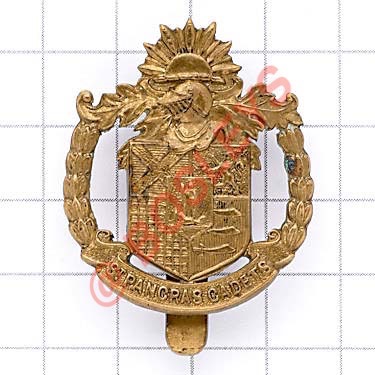 St. Pancras Cadets rare brass cap badge. Die-cast Borough Arms on title scroll Slider Recognised