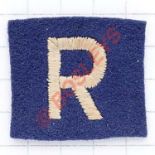 Royal Engineers R Force scarce WW2 cloth formation sign. White R embroidered on blue square. Loops
