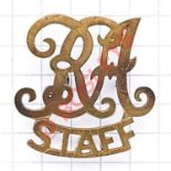 RA / STAFF large brass title / badge. Large RA in script. Well cast. Flat integral loops Hugh King