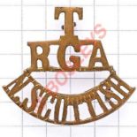 T / RGA / N.SCOTTISH brass Royal Garrison Artillery shoulder title circa 1908-20. Loops Defended