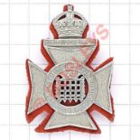 Queen’s Westminster Rifle Volunteers cap badge circa 1905-08 only. Die-stamped white metal. Shaped