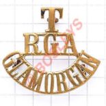 T / RGA / GLAMORGAN brass Royal Garrison Artillery shoulder title circa 1908-20. Loops Defended Port