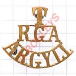 T / RGA / ARGYLL brass Royal Garrison Artillery shoulder title circa 1908-20. Two of three loops