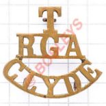 T / RGA / CLYDE brass Royal Garrison Artillery shoulder title circa 1908-20. Loops Defended Port